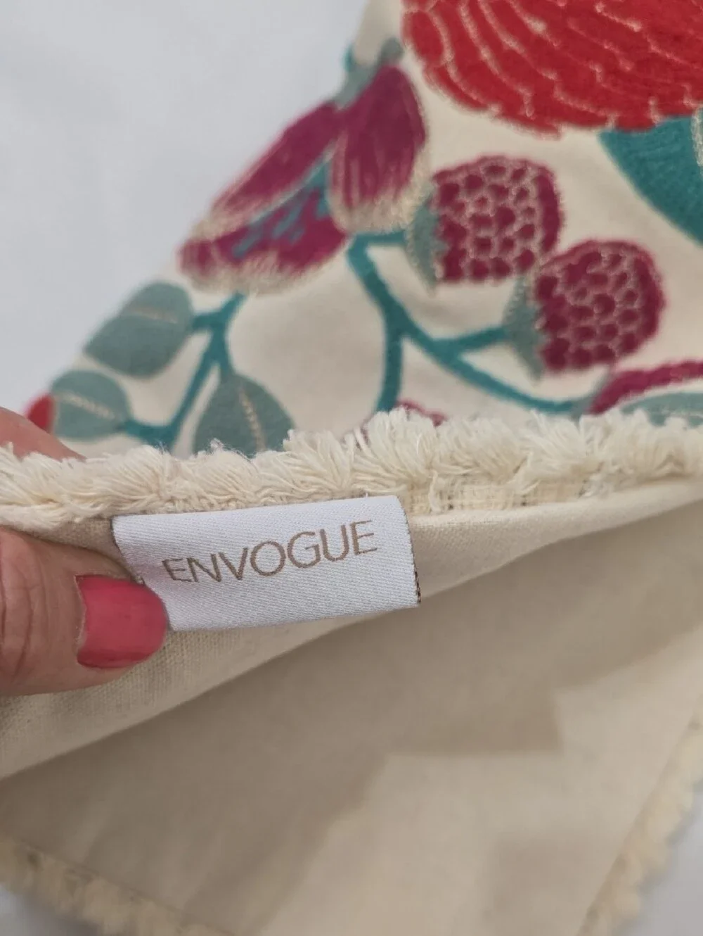 Envogue Floral Embroidered Cream Pillow Case with Teal and Red Accents